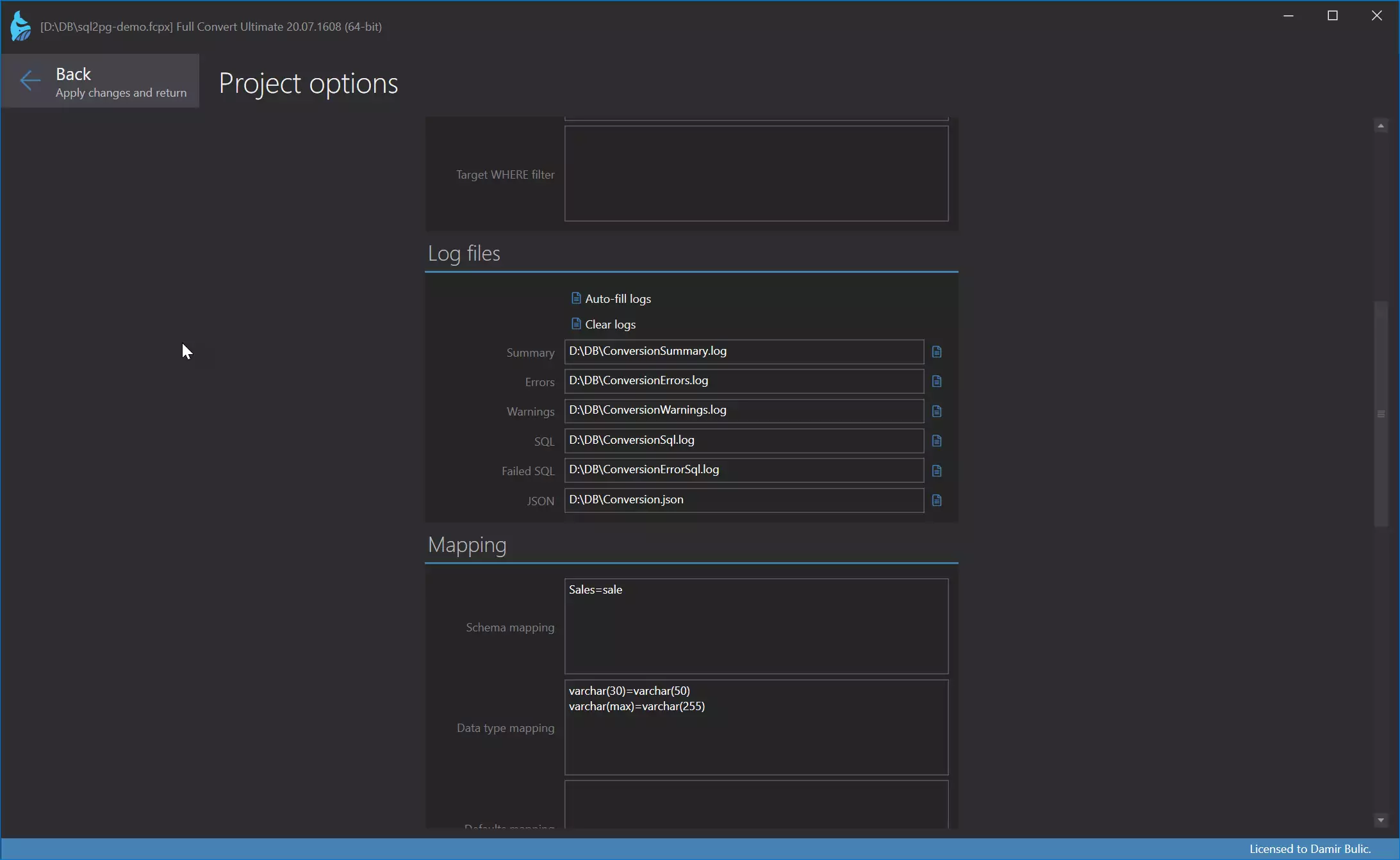 Project customization - logs, schema mapping, data type mapping